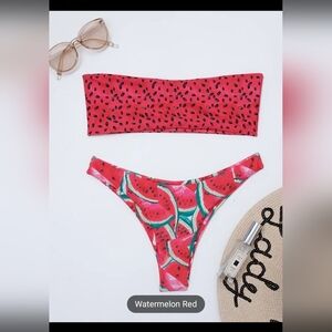 Medium Watermelon Fruit Contrast Print Bandeau Strapless Tube Top High Cut Two P